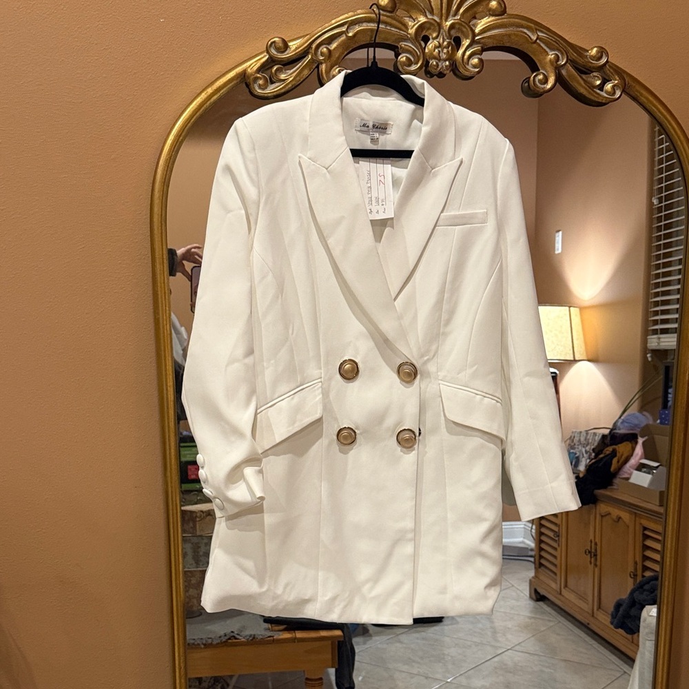 Chic White Double-Breasted Blazer Dress with Gold Accents